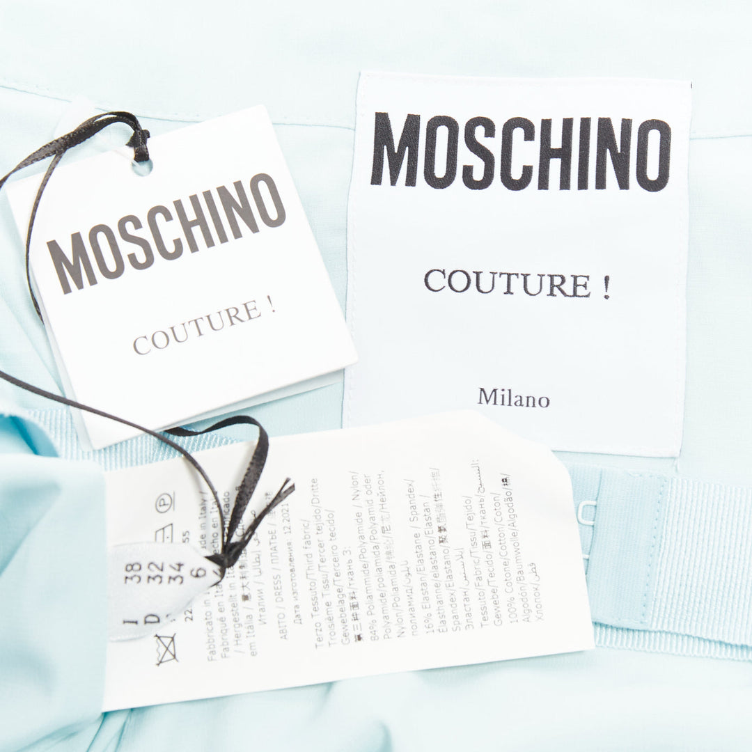MOSCHINO COUTURE! 2022 Runway Calico Animals blue strapless dress IT38 XS