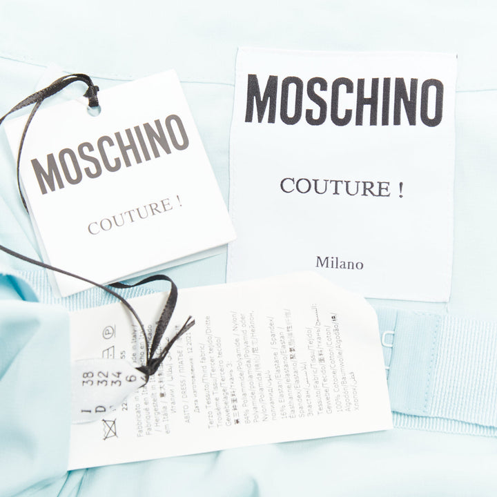 MOSCHINO COUTURE! 2022 Runway Calico Animals blue strapless dress IT38 XS