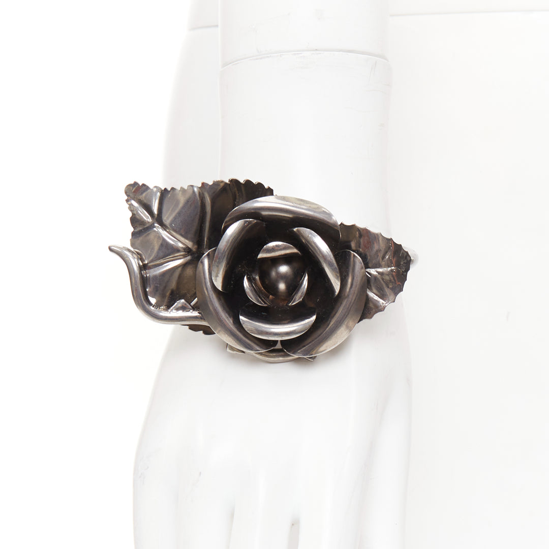 rare PRADA 2016 Rose Bangle gunmetal metal flower petals leaves bracelet bangle