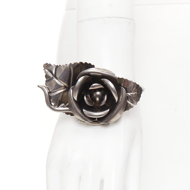 rare PRADA 2016 Rose Bangle gunmetal metal flower petals leaves bracelet bangle