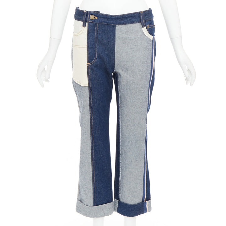 MONSE dark light blue reversed deconstructed patchwork flare cropped jeans US2 S
