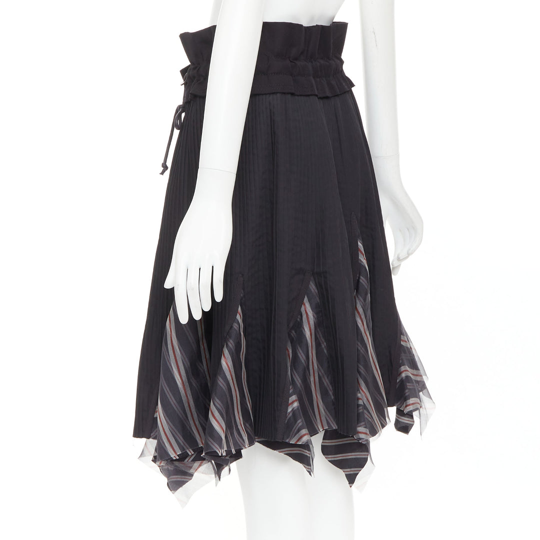 SACAI 2017 black plisse cowhide trim striped flare wrap knee skirt JP1 S