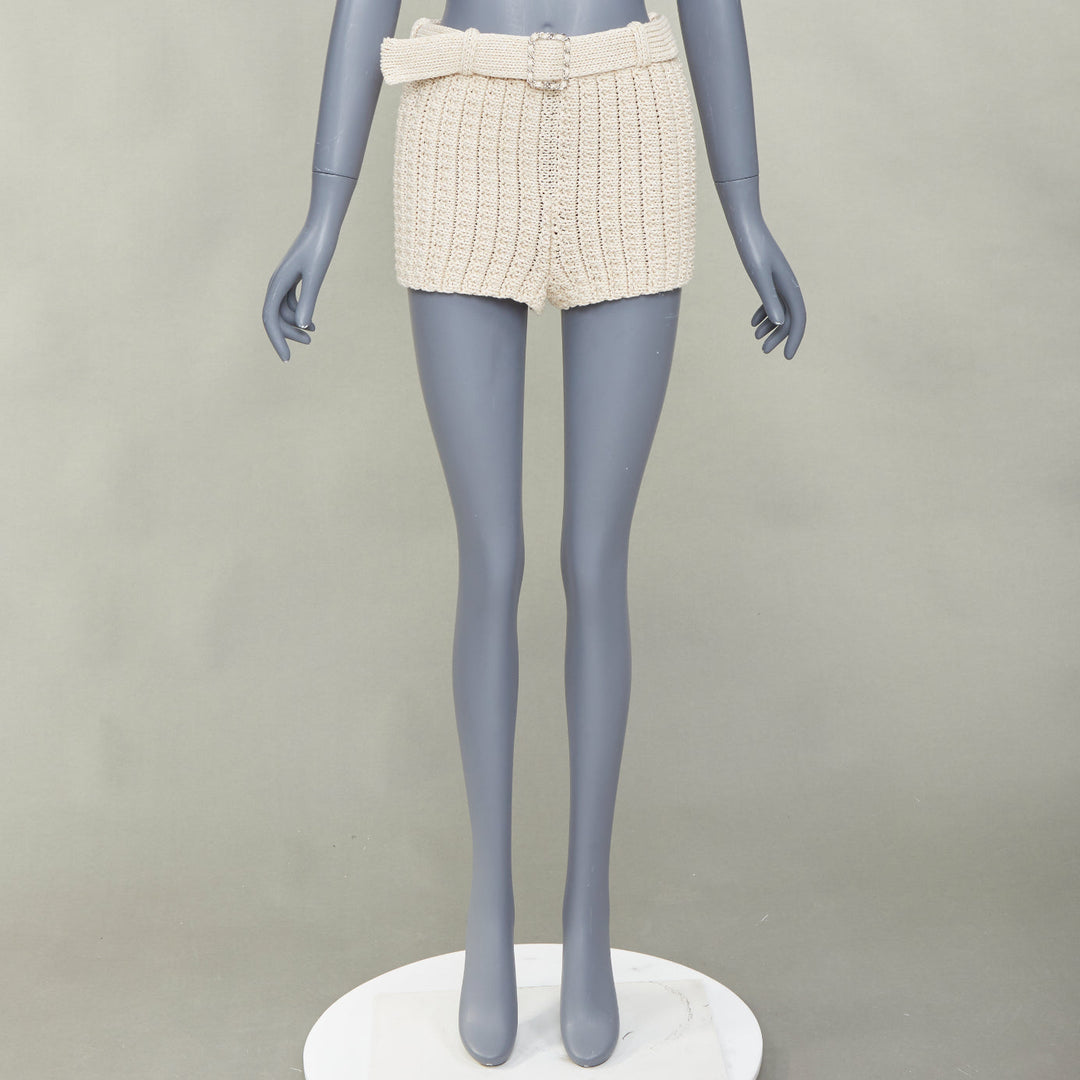 CHANEL 2025 Runway beige chain buckle belted textured ribbed knit shorts FR34 XS