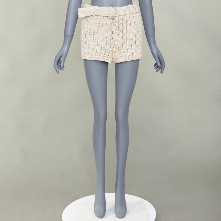 CHANEL 2025 Runway beige chain buckle belted textured ribbed knit shorts FR34 XS