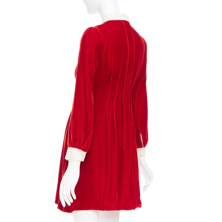 DIOR 2017 Runway red crushed velvet cream lace trim pleated dress FR34 XS