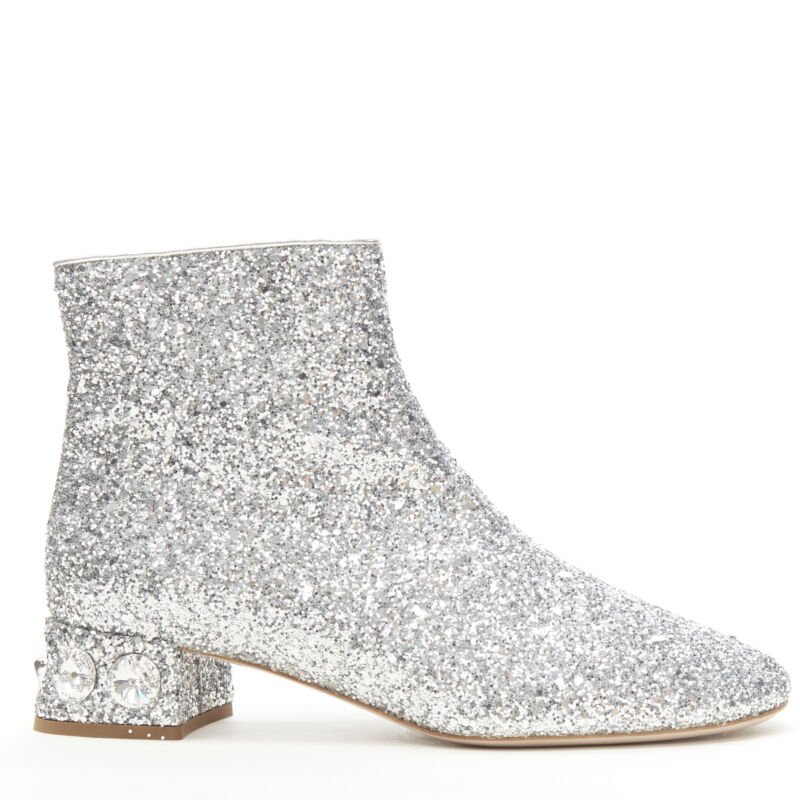 MIU MIU silver glitter large rhinestone crystal heel ankle boots EU37.5