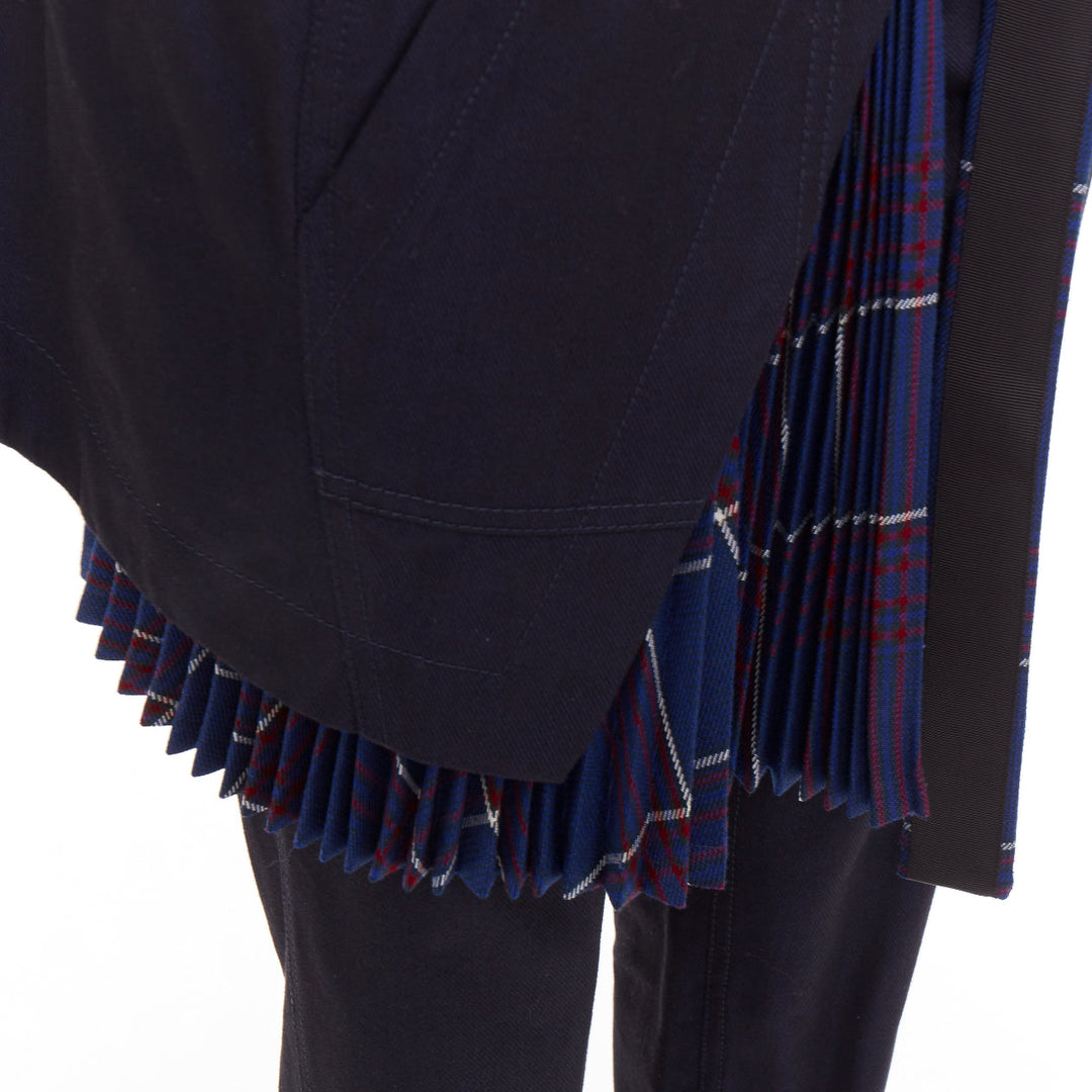 SACAI 2018 navy red cotton wool plaid kilt deconstructed cropped pants JP1 S