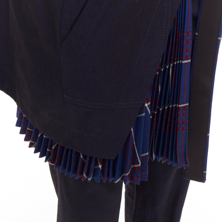 SACAI 2018 navy red cotton wool plaid kilt deconstructed cropped pants JP1 S