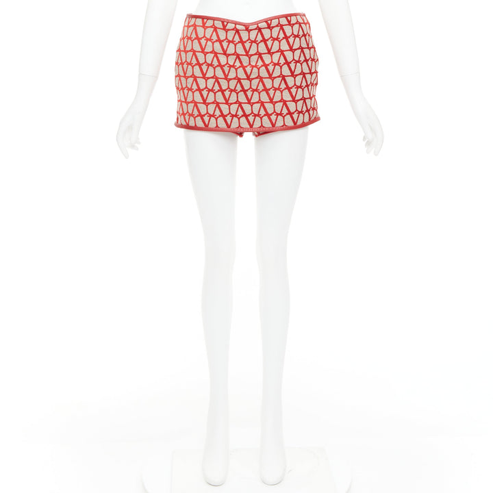 VALENTINO Toile Iconographe red beige logo leather trim mini skort IT38 XS