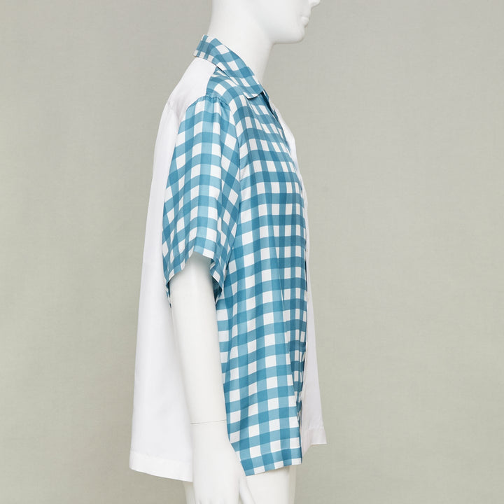 PRADA 2023 Double Match Vichy Split Gingham Check white silk bowling shirt L