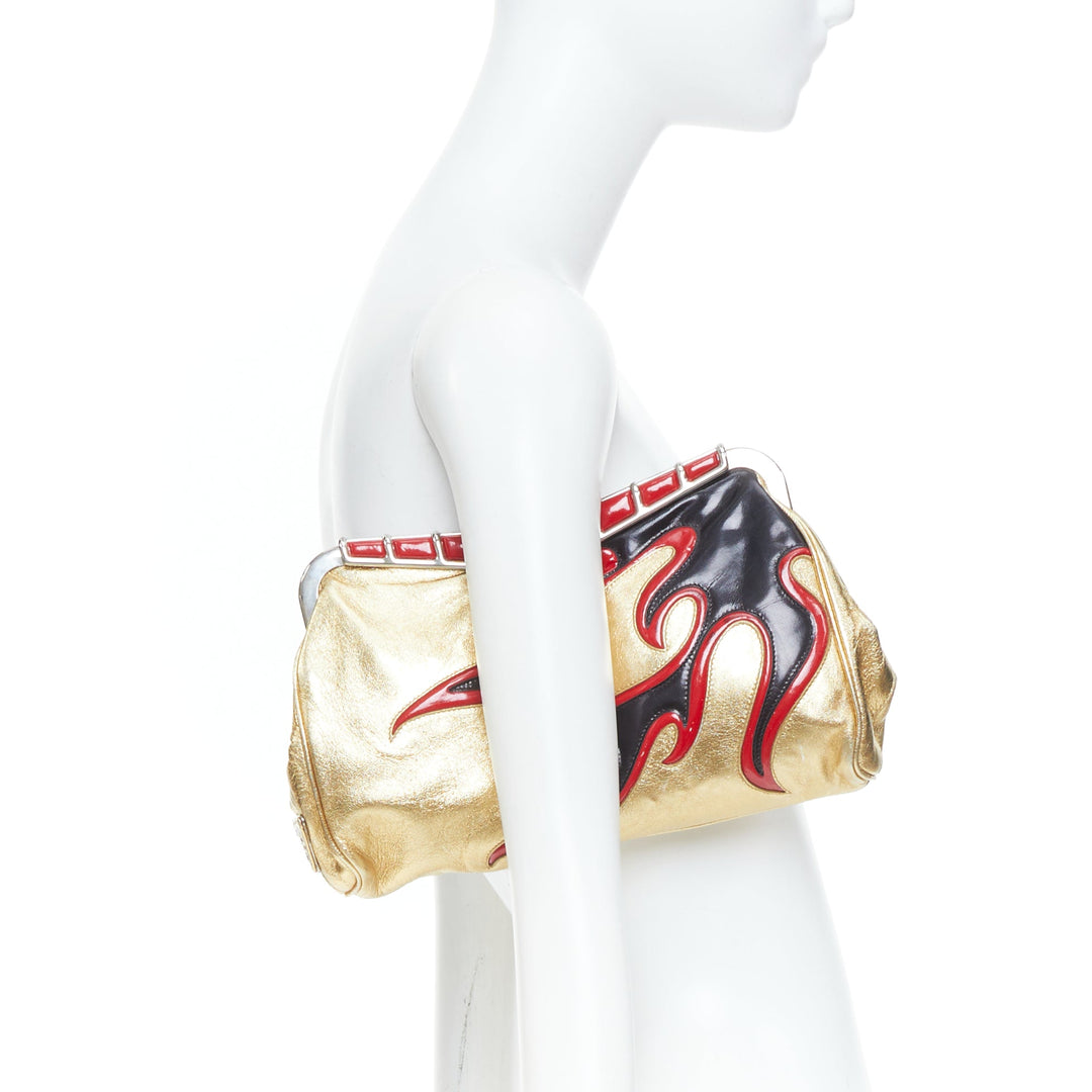 PRADA 2012 Runway hot rod metallic gold leather flame detail clutch bag