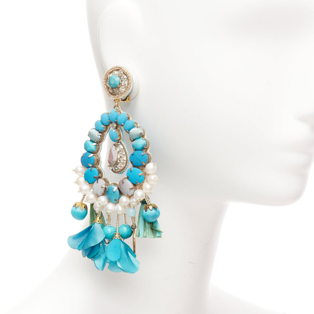 RANJANA KHAN turquoise cream faux pearl stone clip on earrings  Pair