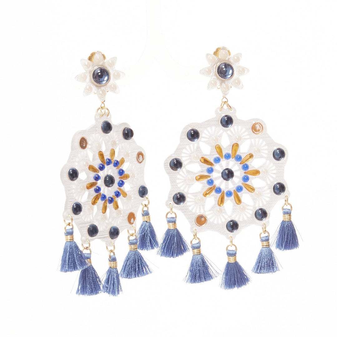 MERCEDES SALAZAR clear acrylic blue beads tassels clip on drop earrings