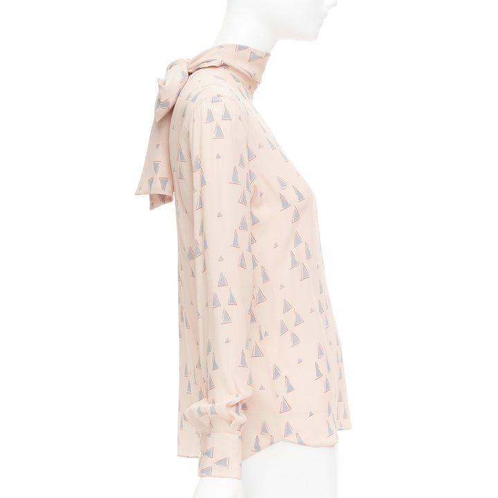 VALENTINO 100% silk blush pink grey triangle print tie neck blouse US4 S