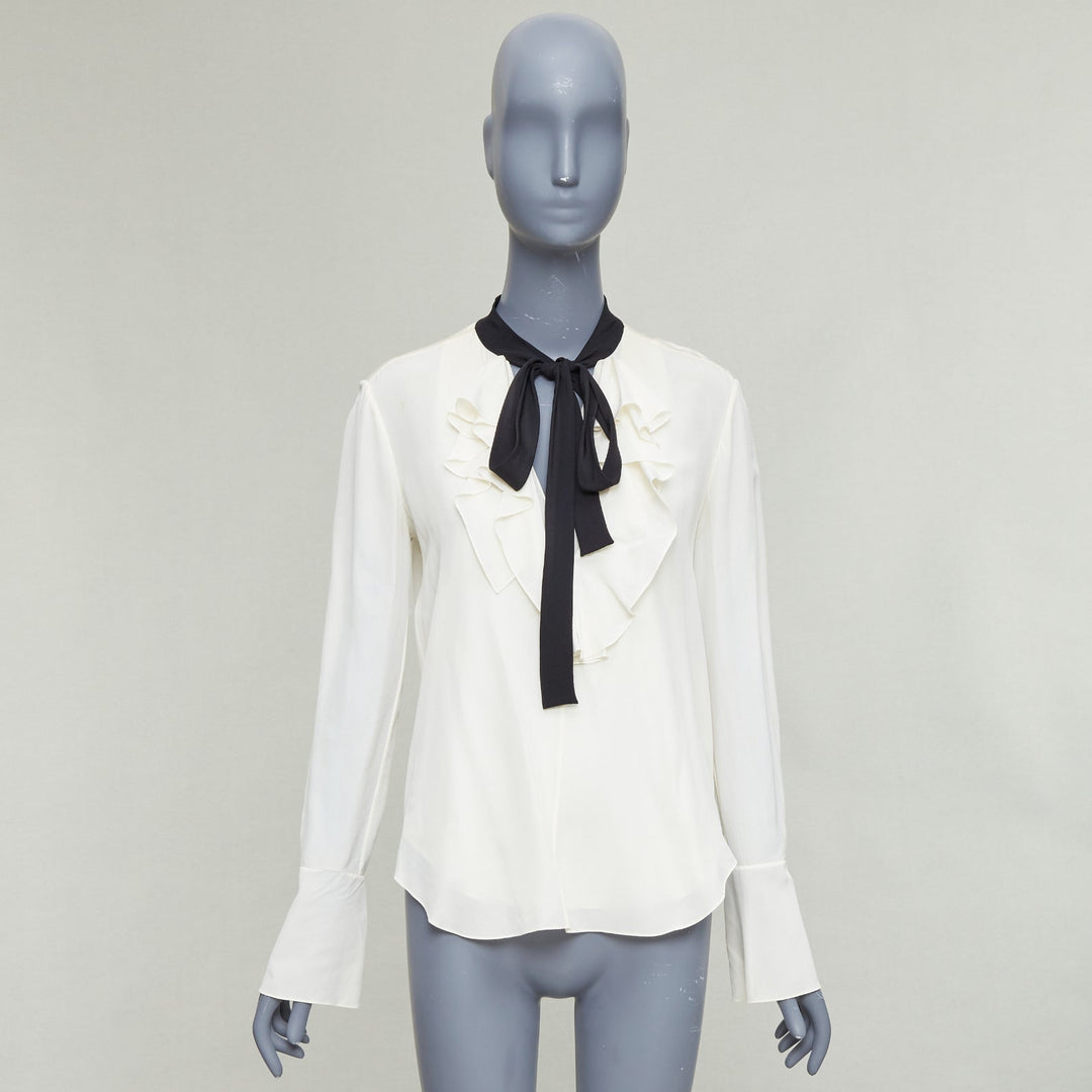 CHLOE milk cream black 100% silk tie neck ruffled peasant blouse FR36 S