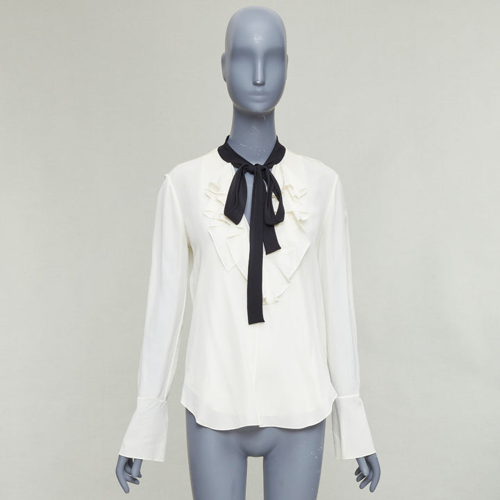 CHLOE milk cream black 100% silk tie neck ruffled peasant blouse FR36 S