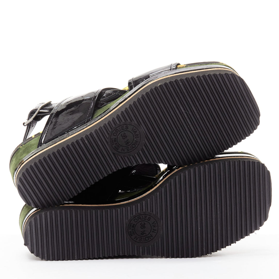 DRIES VAN NOTEN balck patent floral broade green suede platform sandal EU36.5