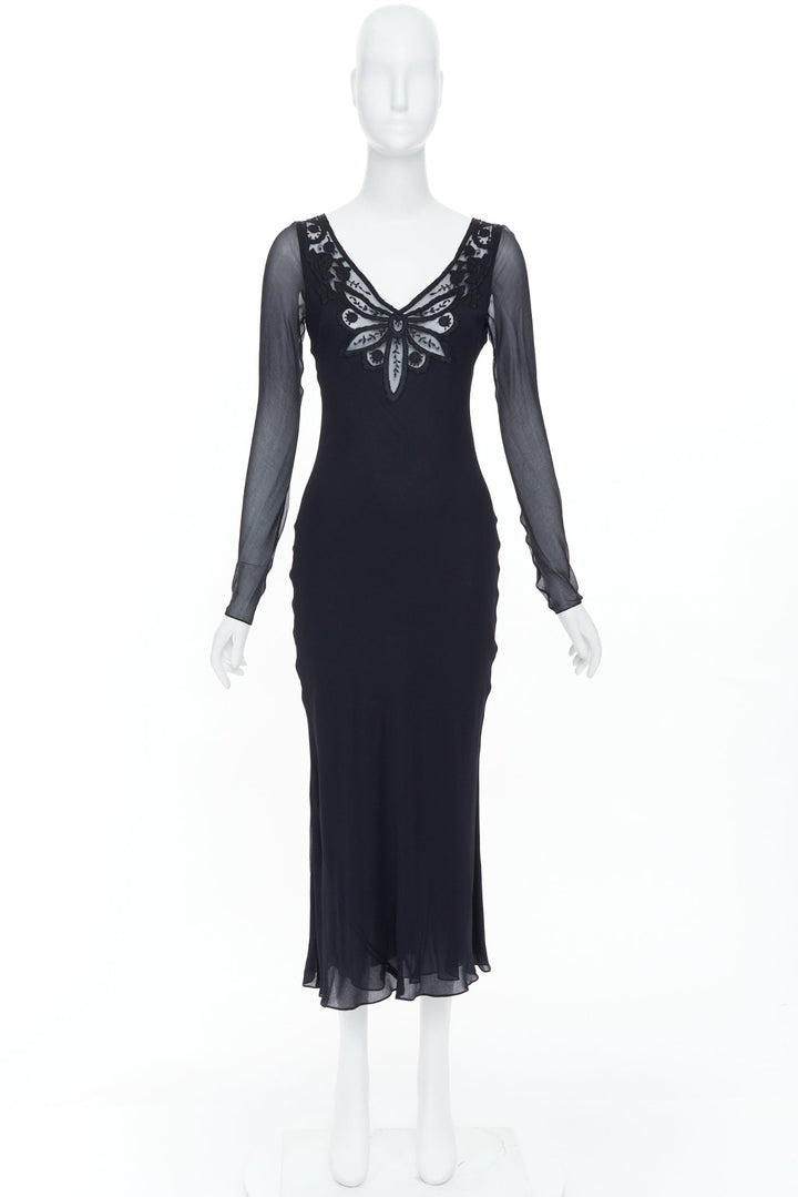 RALPH LAUREN Purple Label black butterfly lace applique cut out silk gown