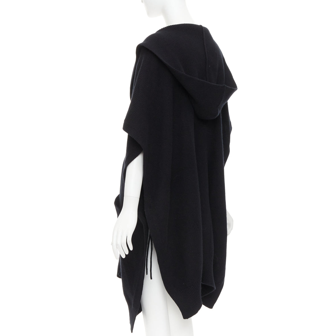 HERMES 100% cashmere black hooded rectangular poncho cardigan coat TU