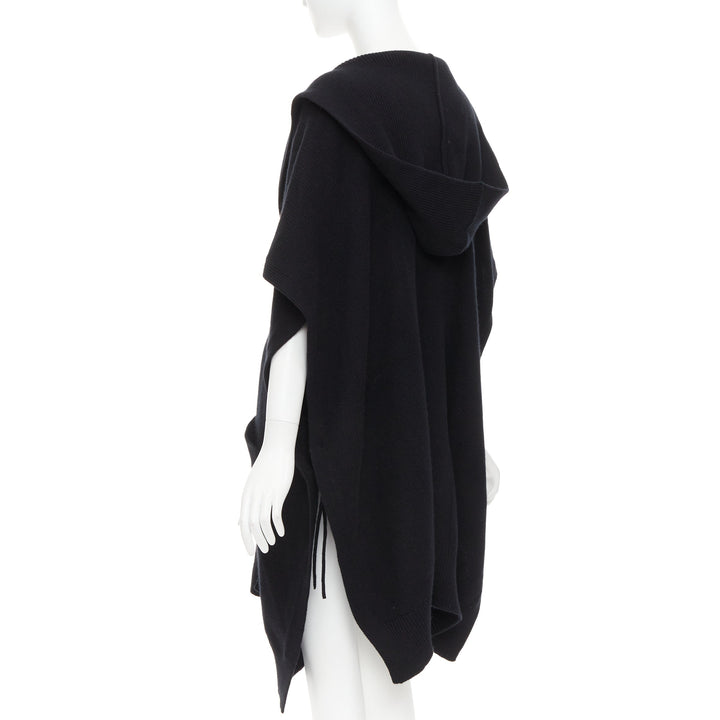 HERMES 100% cashmere black hooded rectangular poncho cardigan coat TU