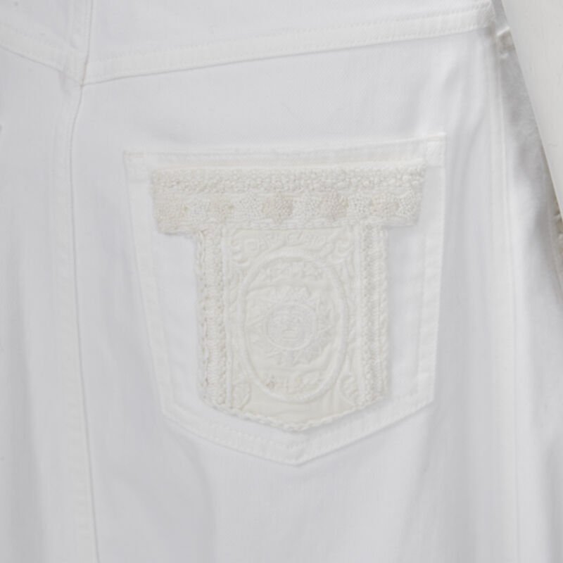 VALENTINO white denim butterfly bead embellished patch raw midi skirt IT38 XS