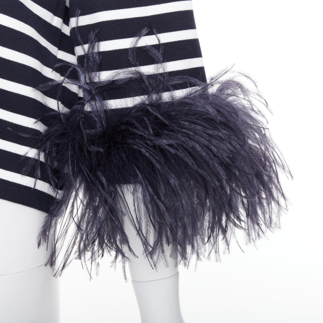 VALENTINO 2024 VGold navy white striped ostrich feather trim sleeve polo top XS