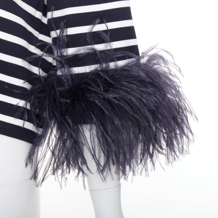 VALENTINO 2024 VGold navy white striped ostrich feather trim sleeve polo top XS