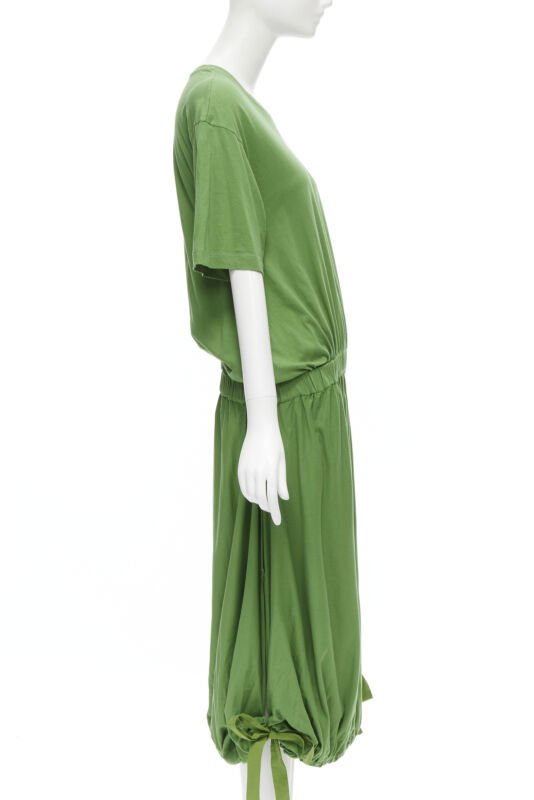MARNI green cotton waist grosgrain bow drawstring hem t-shirt dress IT38 XS