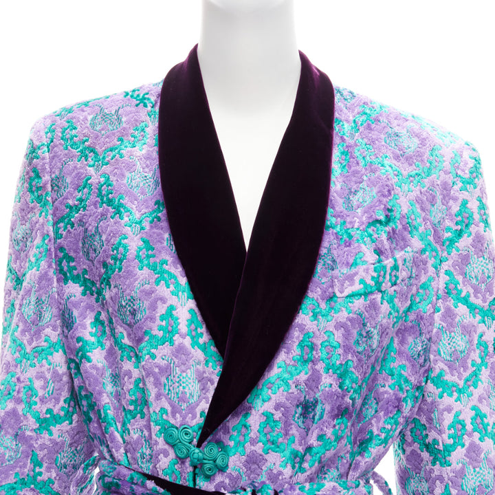 G.V.G.V. purple green tapestry jacquard dark velvet belted robe coat FR38 M