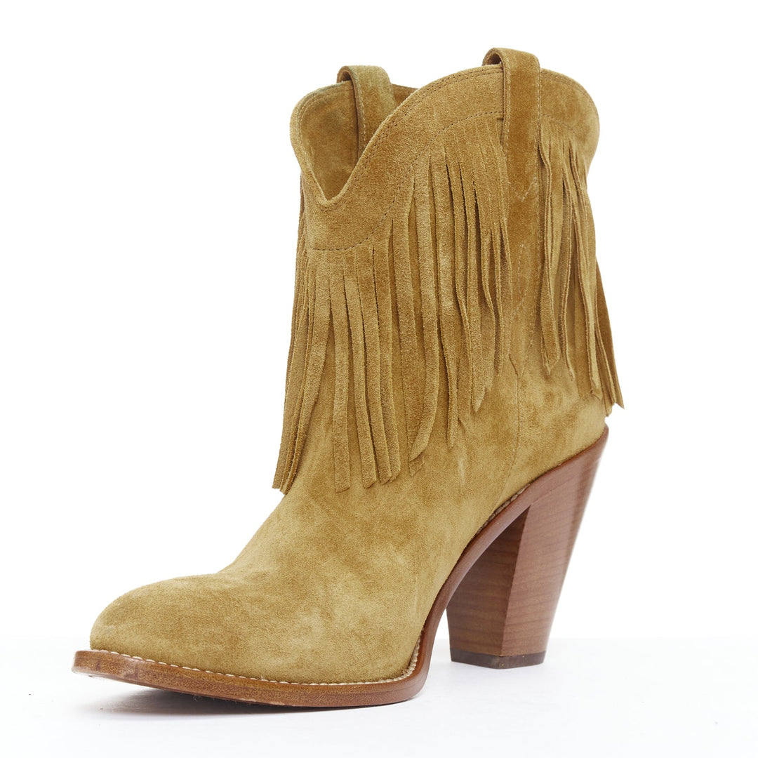 SAINT LAURENT New Western 80 brown suede fringe western boots EU39.5