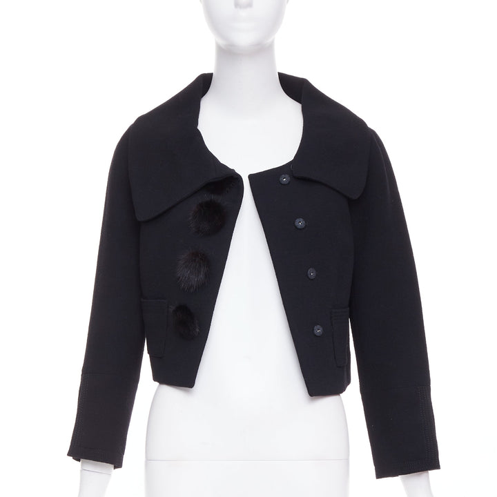 LOUIS VUITTON 2007 black wool crepe Mink fur button cropped jacket FR38 M