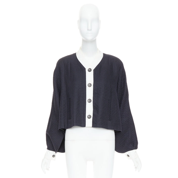 CHANEL 16C Paris Seoul Runway navy white silk cotton hanbok jacket FR36 S