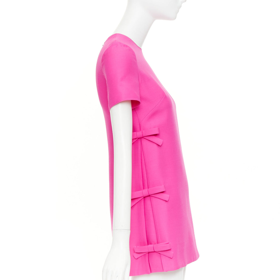 VALENTINO 2022 Runway PP Pink wool silk bow embellishment crew mini dress IT36