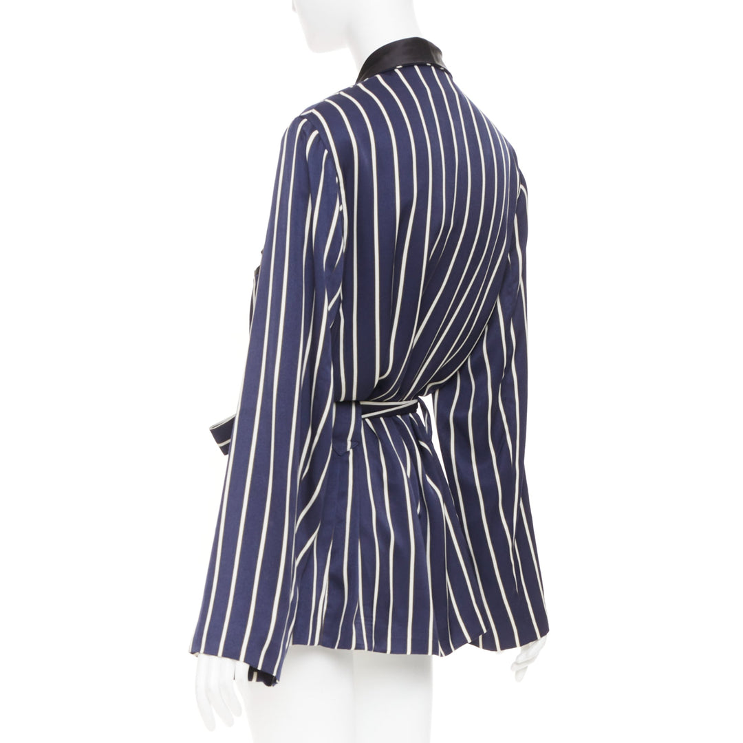 RAEY navy white stripe silk trim belted kimono smoking pajama tux jacket UK8 S