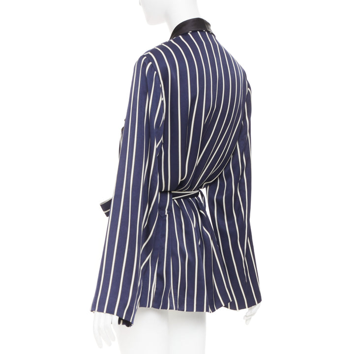RAEY navy white stripe silk trim belted kimono smoking pajama tux jacket UK8 S