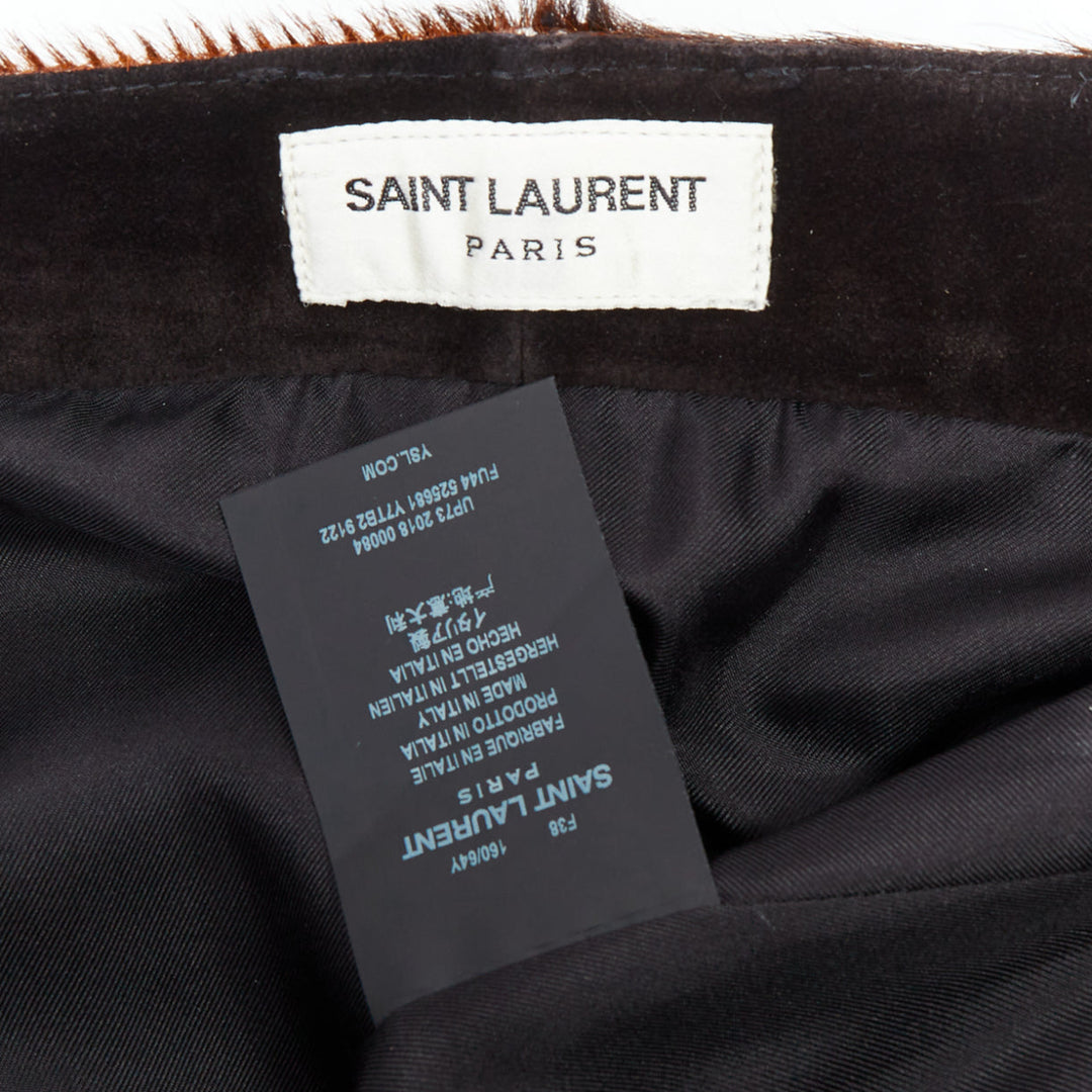 SAINT LAURENT 2018 brown white real calf hair silk lined mini skirt FR38 M