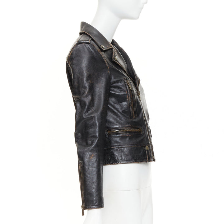 SAINT LAURENT 2017 Thunder Studded brown distressed calfskin moto jacket FR38 M