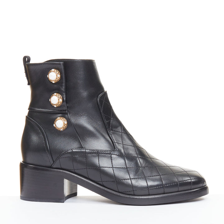 CHANEL 17A Paris Cosmopolite black lamb quilted pearl button ankle boots EU39.5