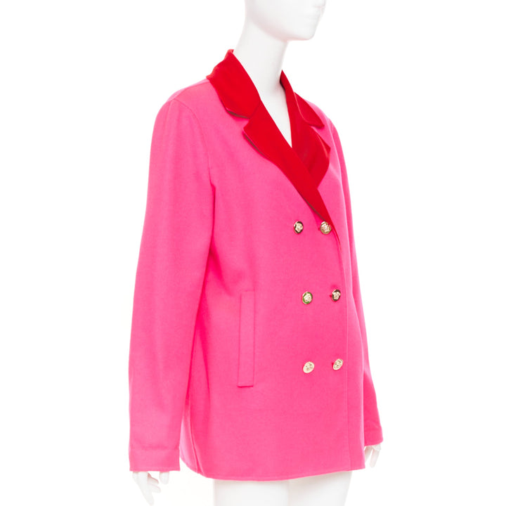 VERSACE pink red colorblock contrast lapel gold Medusa double breasted coat L