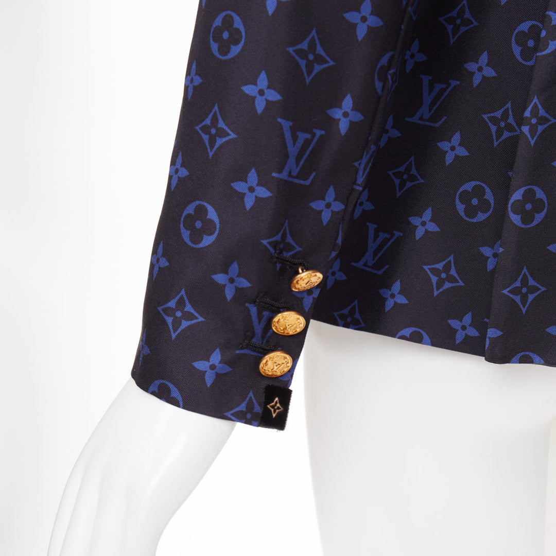 LOUIS VUITTON navy blue lightweight silk LV monogram gold button blazer FR34 XS