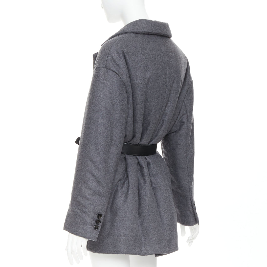 PRADA 2022 grey cashmere wool silver logo leather belted padded coat IT40 S