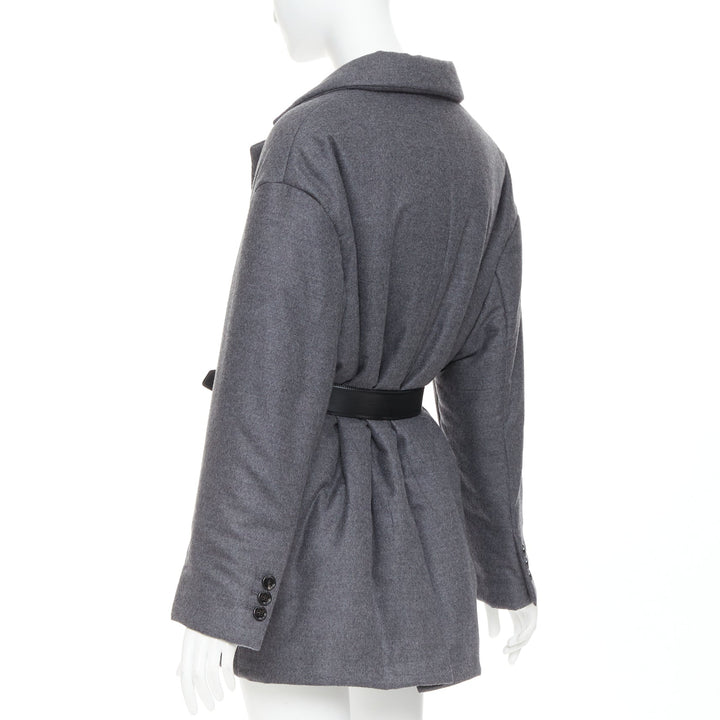 PRADA 2022 grey cashmere wool silver logo leather belted padded coat IT40 S