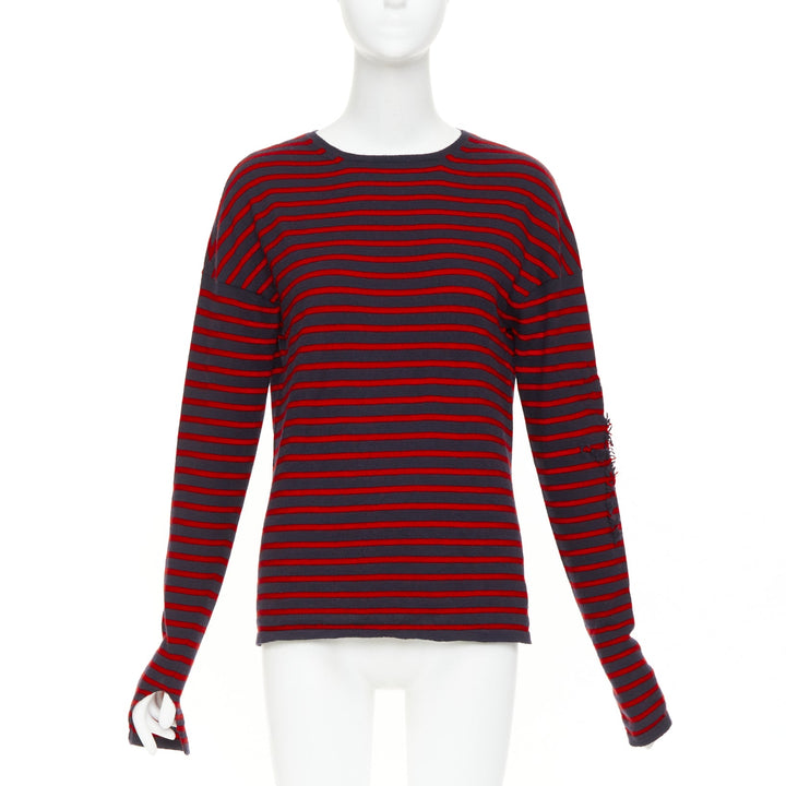 BARRIE 100% cashmere navy red fringe applique asymmetric striped sweater S
