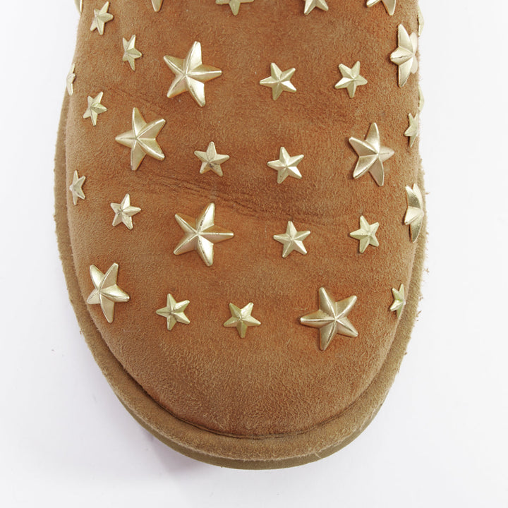 JIMMY CHOO UGG brown suede gold star embellished fringe trim snow boots EU36