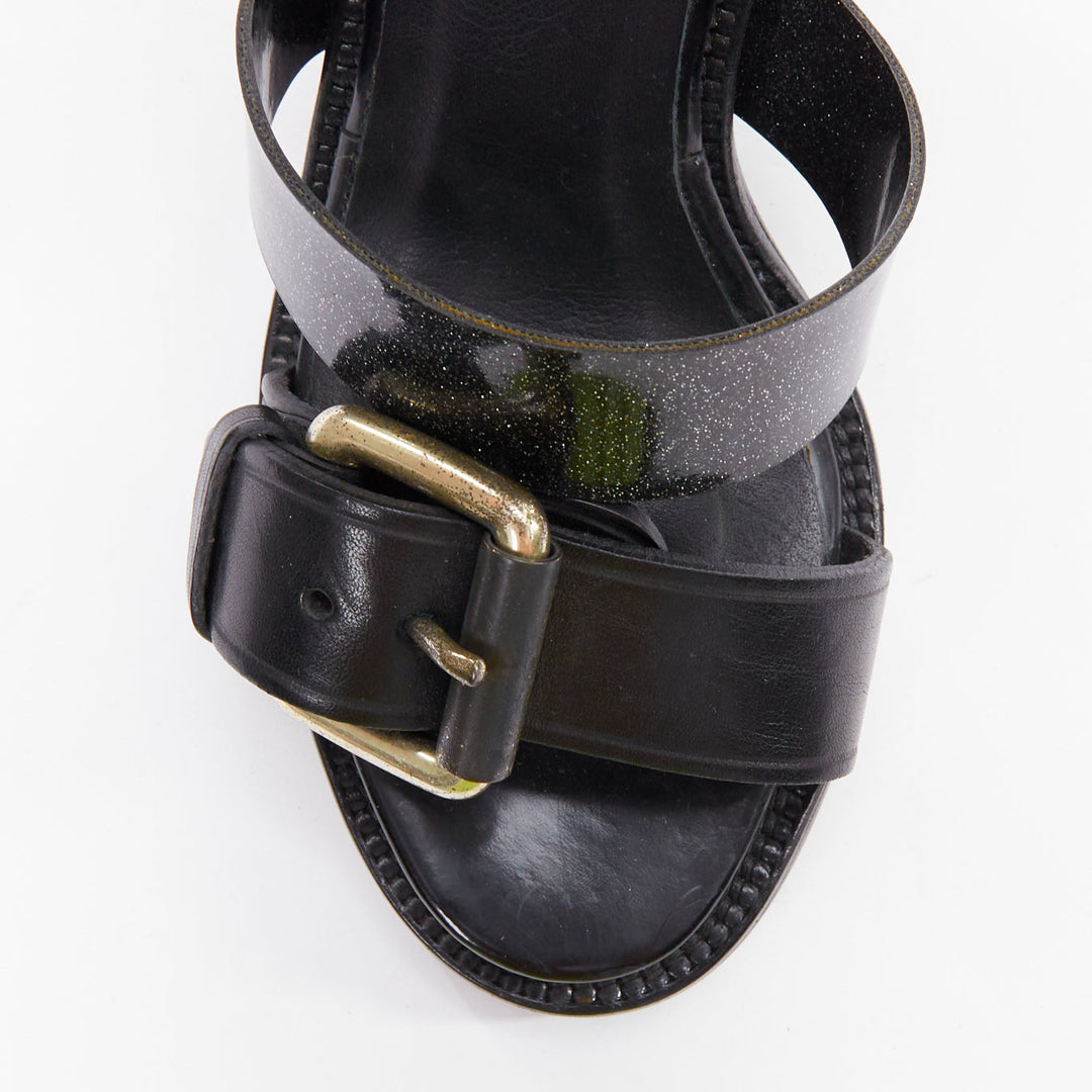 ACNE STUDIOS black leather silver buckle deconstructed high heel sandals EU37