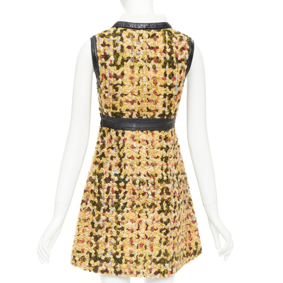 LOUIS VUITTON 2014 Runway yellow quilted tweed boucle black patent dress FR38 M