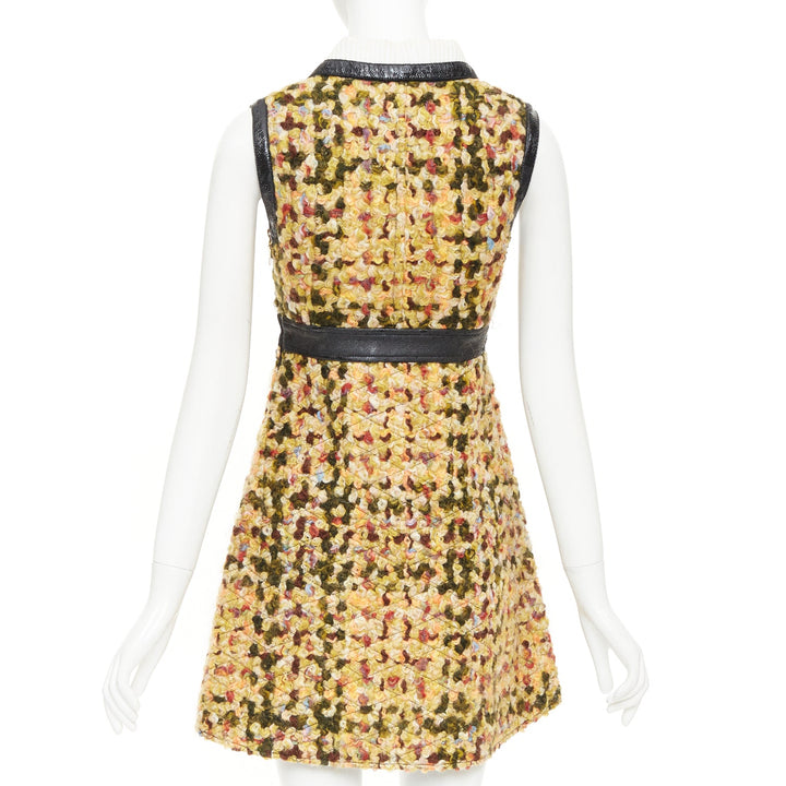 LOUIS VUITTON 2014 Runway yellow quilted tweed boucle black patent dress FR38 M