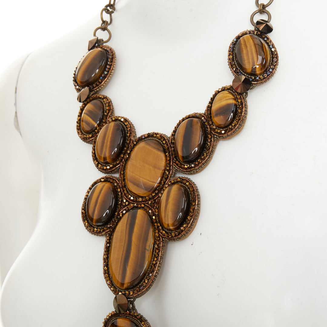 BEA VALDES tiger eye quartz bead embellished layered crystal statement necklace