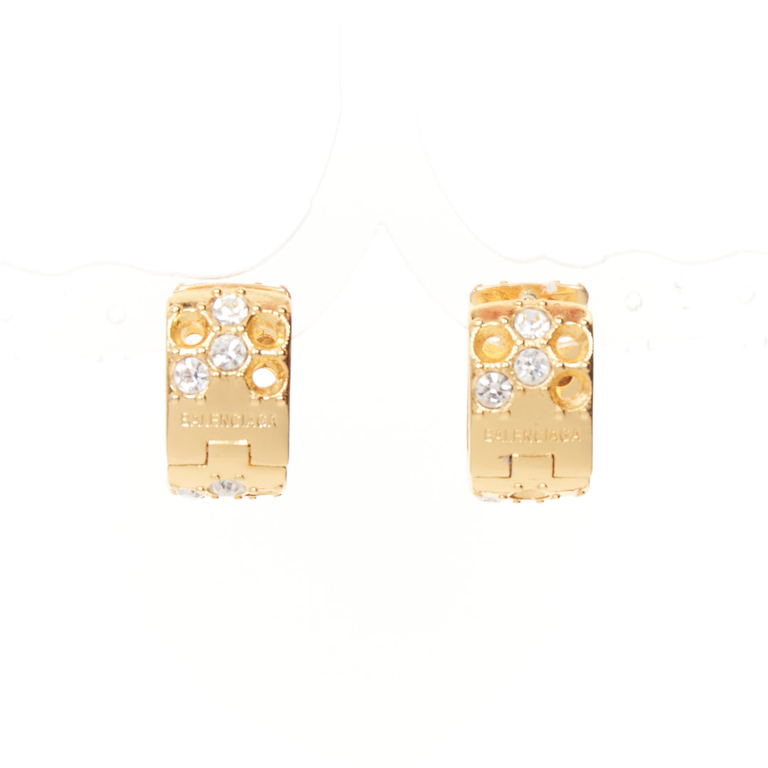 BALENCIAGA 2021 Demna gold tone logo crystals chunky U shape hoop earrings