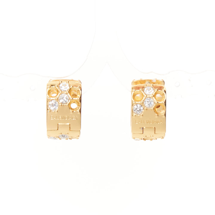 BALENCIAGA 2021 Demna gold tone logo crystals chunky U shape hoop earrings
